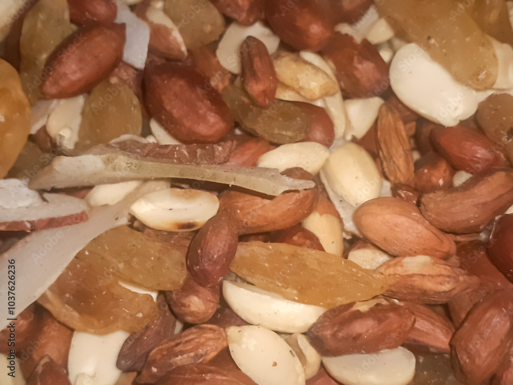 Nuts and dried fruits full background on market Nuts and dried fruits full background on market