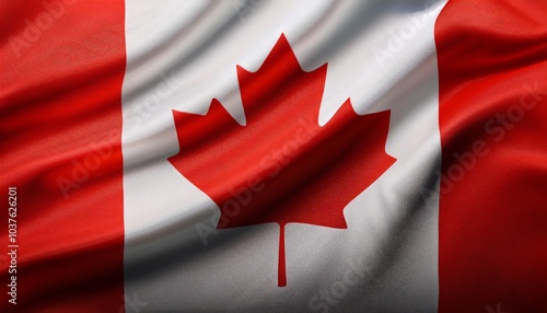 Close-up of a waving Canadian flag against a blurred background, showcasing its vibrant red and white colors