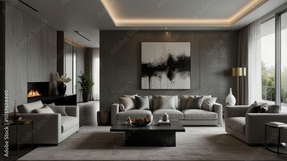 Fototapeta premium living room with elegance and diversity of modern gray color palette. The sofa is upholstered in a luxurious gray fabric. The minimalist design of the room evokes a sense of calm and sophistication.