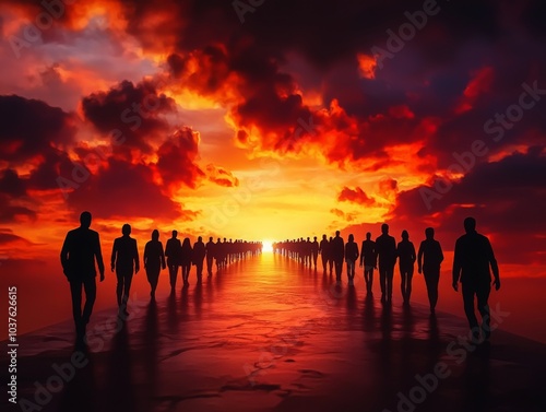 Human Figures Aligning on a Symbolic Path at Sunset photo