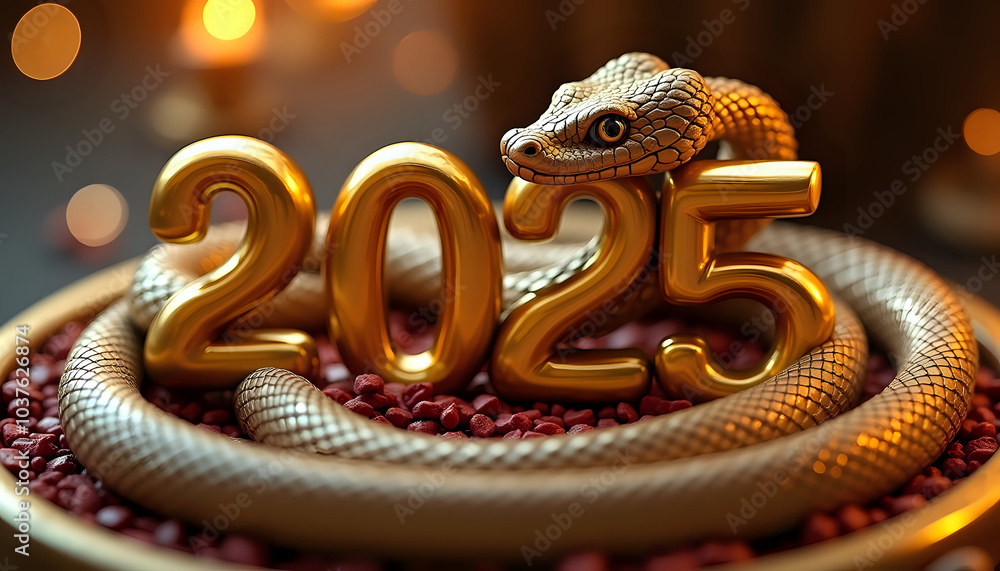 Majestic golden snake with '2025' numerals coiled on red beans against warm festive background Majestic golden snake with '2025' numerals coiled on red beans against warm festive background