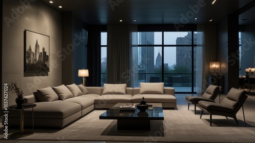 living room with elegance and diversity of modern gray color palette. The sofa is upholstered in a luxurious gray fabric. The minimalist design of the room evokes a sense of calm and sophistication.