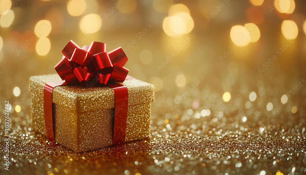 Golden Present with Red Bow 3D Rendering Golden Present with Red Bow 3D Rendering