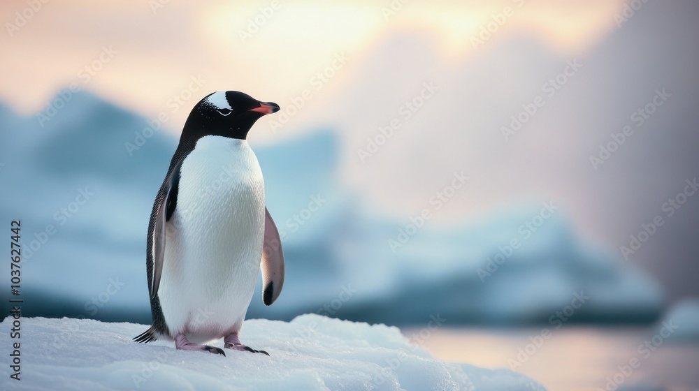 Naklejka premium Penguin on Iceberg at Sunset