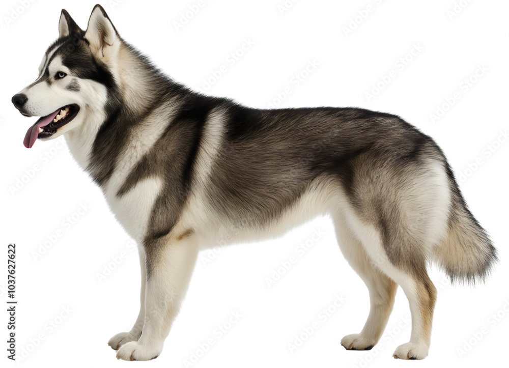 Fototapeta premium Noble alaskan malamute isolated, majestic standing full length, striking side view arctic, magnificent dog pet husky, regal canine presence