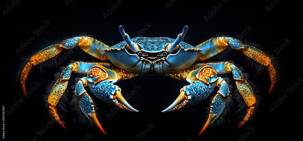 A close-up of a blue and orange crab with its claws extended, against a black background. A close-up of a blue and orange crab with its claws extended, against a black background.
