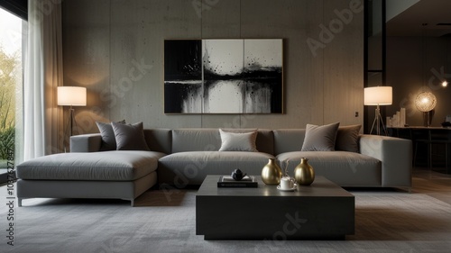 living room with elegance and diversity of modern gray color palette. The sofa is upholstered in a luxurious gray fabric. The minimalist design of the room evokes a sense of calm and sophistication.