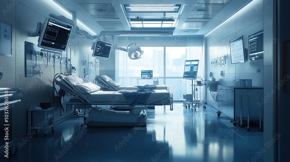 High-Tech Hospital Room Featuring Advanced Medical Equipment and Modern Healthcare Technology High-Tech Hospital Room Featuring Advanced Medical Equipment and Modern Healthcare Technology