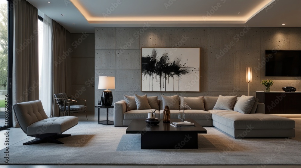 living room with elegance and diversity of modern gray color palette. The sofa is upholstered in a luxurious gray fabric. The minimalist design of the room evokes a sense of calm and sophistication. living room with elegance and diversity of modern gray color palette. The sofa is upholstered in a luxurious gray fabric. The minimalist design of the room evokes a sense of calm and sophistication.