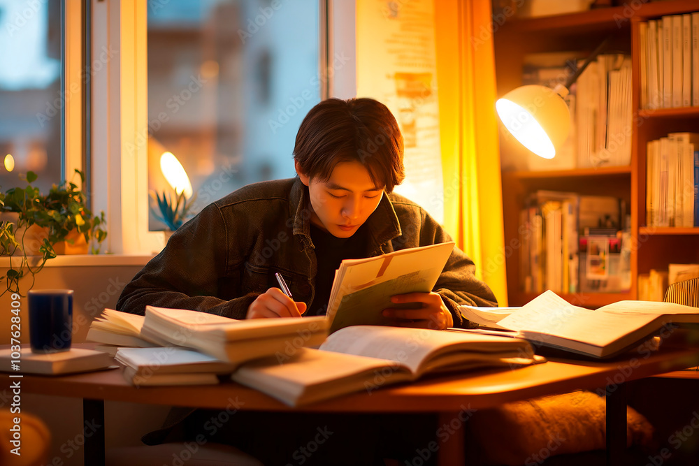 Young man studying at a cozy desk with warm lighting, surrounded by books and taking notes, representing focus, education, and concentration