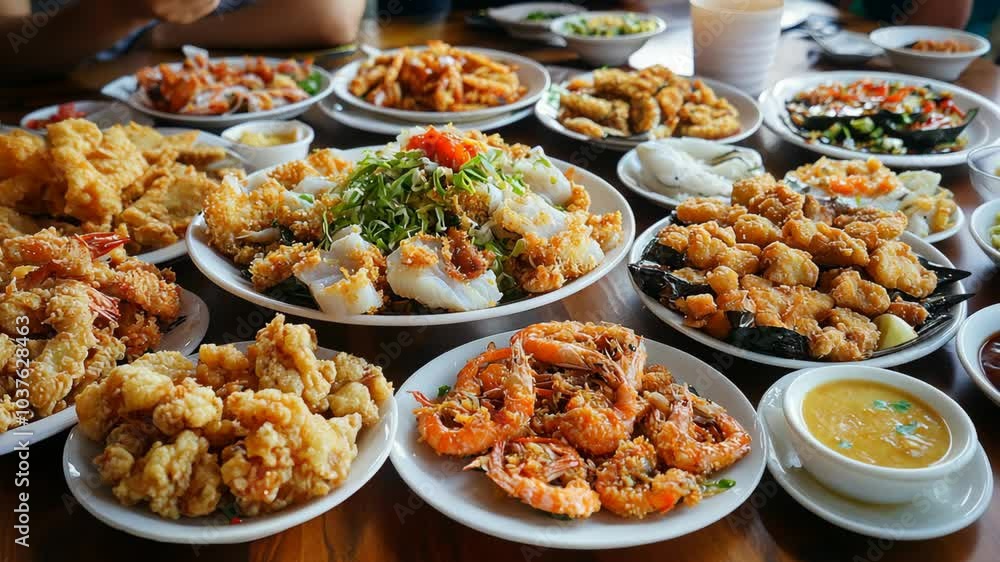 A table full of delicious fried seafood dishes, ready to be enjoyed A table full of delicious fried seafood dishes, ready to be enjoyed