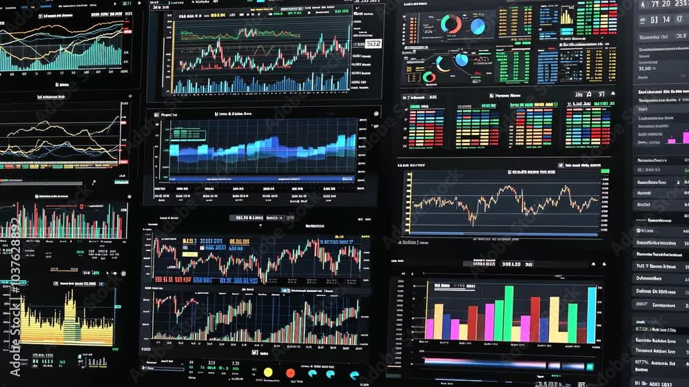 A screen displays various financial charts and data, showcasing the fluctuating world of stock market trading A screen displays various financial charts and data, showcasing the fluctuating world of stock market trading