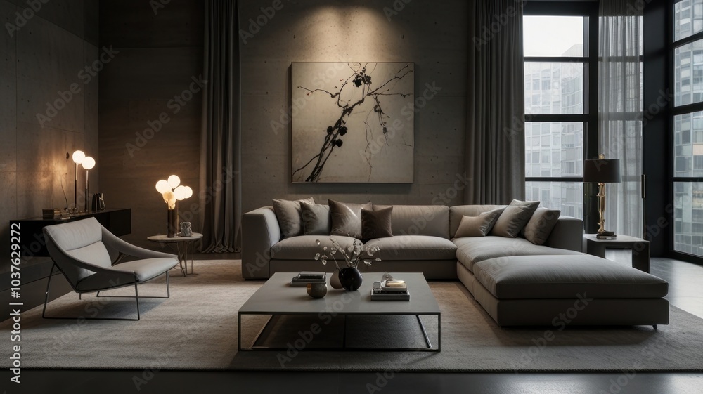 living room with elegance and diversity of modern gray color palette. The sofa is upholstered in a luxurious gray fabric. The minimalist design of the room evokes a sense of calm and sophistication. living room with elegance and diversity of modern gray color palette. The sofa is upholstered in a luxurious gray fabric. The minimalist design of the room evokes a sense of calm and sophistication.