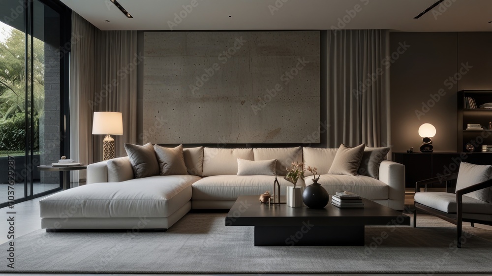 living room with elegance and diversity of modern gray color palette. The sofa is upholstered in a luxurious gray fabric. The minimalist design of the room evokes a sense of calm and sophistication. living room with elegance and diversity of modern gray color palette. The sofa is upholstered in a luxurious gray fabric. The minimalist design of the room evokes a sense of calm and sophistication.