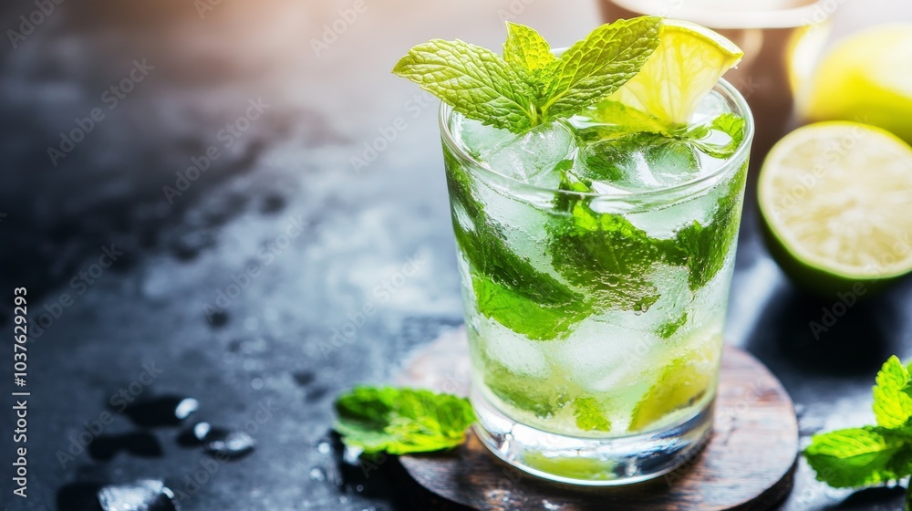 Fototapeta premium A refreshing glass of mojito garnished with mint leaves and a lime wedge, Mojito glass placed on a coaster, Soft evening light for a laid-back atmosphere