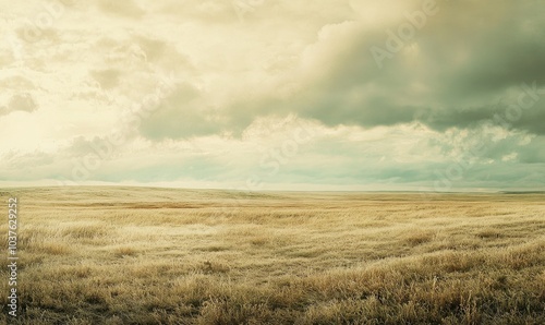 A field of grass with a cloudy sky in the background