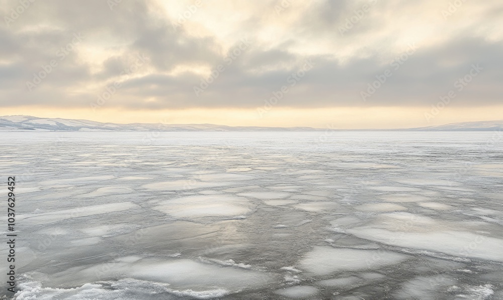Fototapeta premium A large, empty, snow-covered field with a cloudy sky