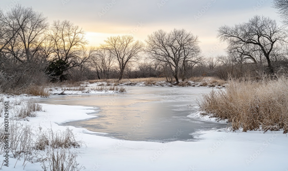 A frozen lake with trees in the background A frozen lake with trees in the background
