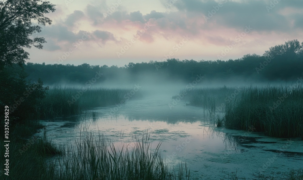 A foggy, misty morning in a marshy area with a river running through it A foggy, misty morning in a marshy area with a river running through it