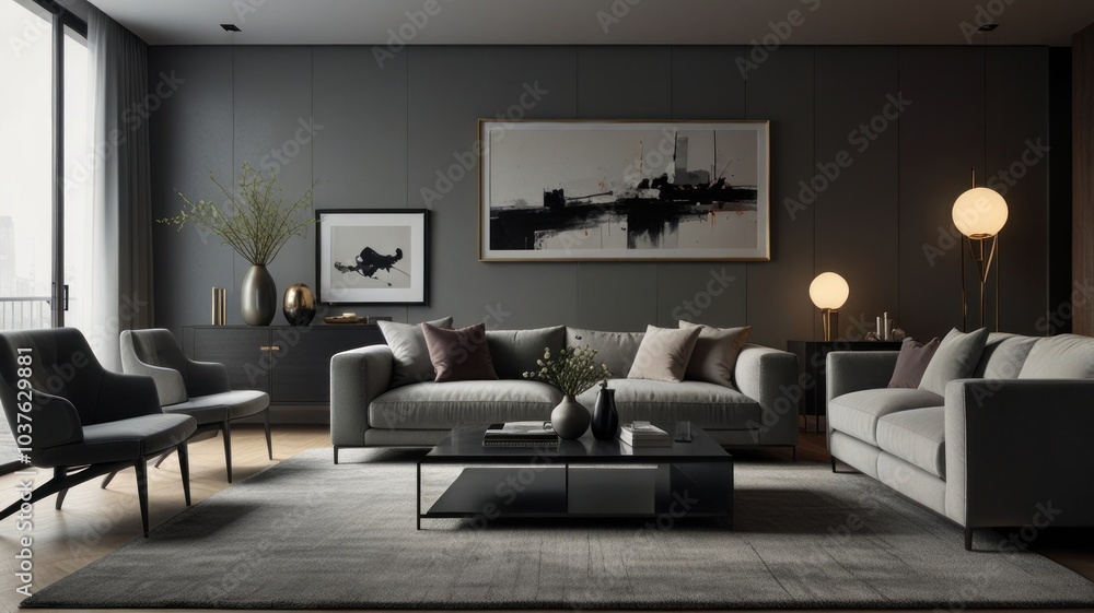 living room with elegance and diversity of modern gray color palette. The sofa is upholstered in a luxurious gray fabric. The minimalist design of the room evokes a sense of calm and sophistication. living room with elegance and diversity of modern gray color palette. The sofa is upholstered in a luxurious gray fabric. The minimalist design of the room evokes a sense of calm and sophistication.