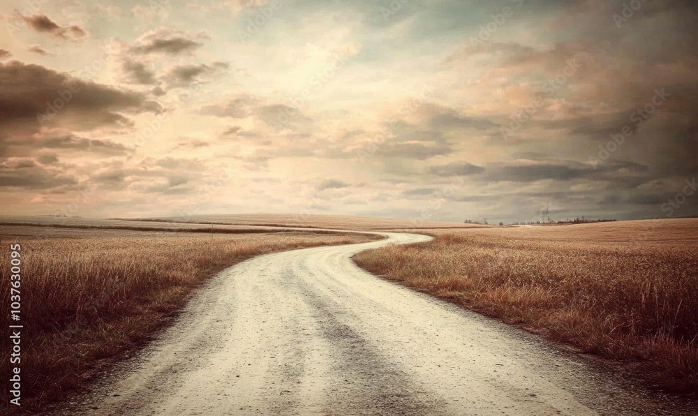 A road with a curve in the middle of a field A road with a curve in the middle of a field