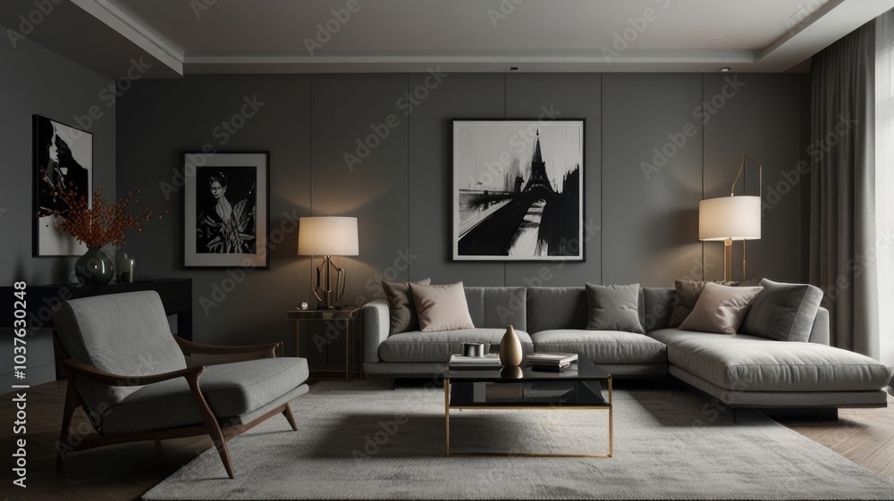 living room with elegance and diversity of modern gray color palette. The sofa is upholstered in a luxurious gray fabric. The minimalist design of the room evokes a sense of calm and sophistication. living room with elegance and diversity of modern gray color palette. The sofa is upholstered in a luxurious gray fabric. The minimalist design of the room evokes a sense of calm and sophistication.