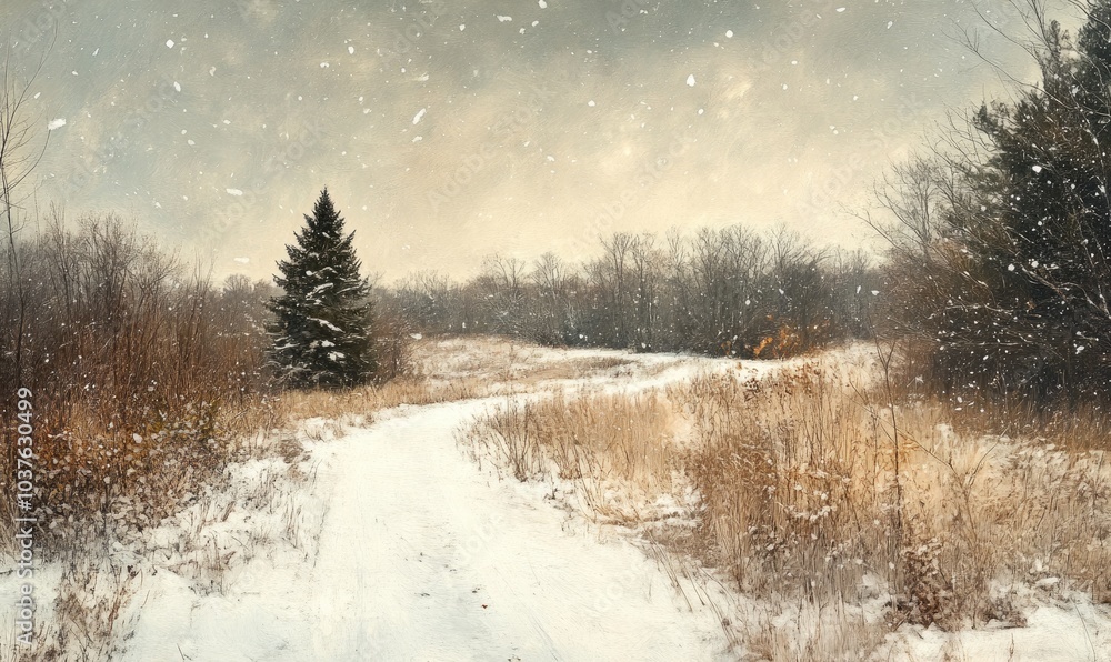 Fototapeta premium A snowy landscape with a tree in the foreground