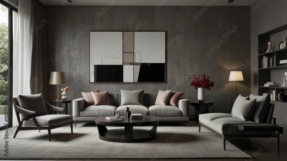 living room with elegance and diversity of modern gray color palette. The sofa is upholstered in a luxurious gray fabric. The minimalist design of the room evokes a sense of calm and sophistication. living room with elegance and diversity of modern gray color palette. The sofa is upholstered in a luxurious gray fabric. The minimalist design of the room evokes a sense of calm and sophistication.