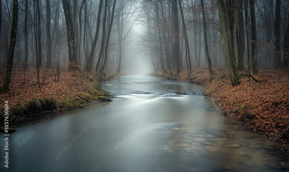 Obraz premium A stream of water flows through a forest