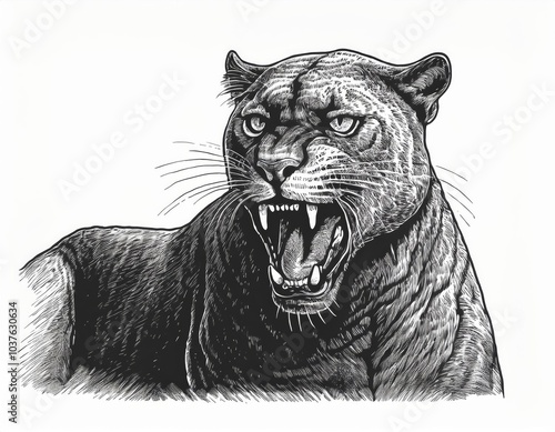  Fierce panther roaring with mouth open, depicted in a detailed tattoo design sketch engraving style photo