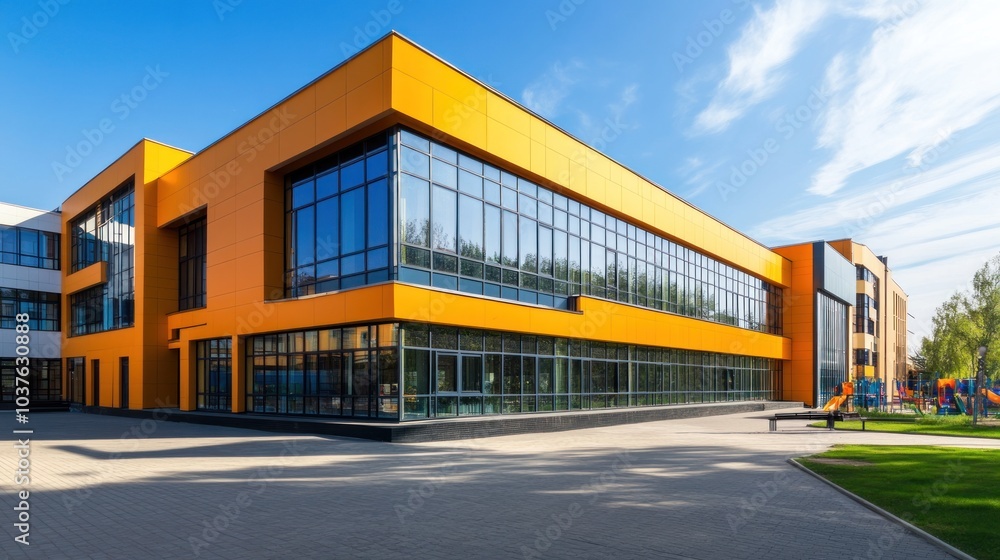 Modern educational building with large windows and vibrant orange accents. Modern educational building with large windows and vibrant orange accents.