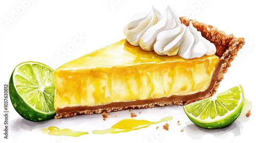 Classic Key Lime Pie: Authentic 1600s Style Watercolor Illustration with Historical Details in Festive Colors on White Background photo