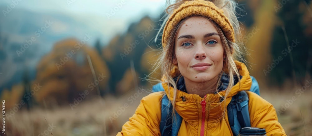Young woman hiker with a yellow jacket smiling while looking at the camera on a mountain background. Young woman hiker with a yellow jacket smiling while looking at the camera on a mountain background.