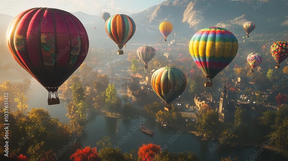 Fototapeta premium A Vibrant Hot Air Balloon Festival with Each Balloon Displaying Unique Colors and Patterns Against a Clear Sky
