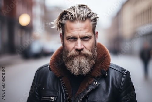 Portrait of a handsome man with long beard and mustache in a leather jacket on the street