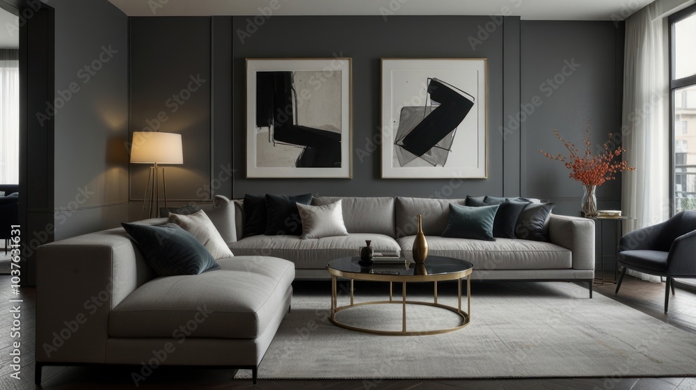 living room with elegance and diversity of modern gray color palette. The sofa is upholstered in a luxurious gray fabric. The minimalist design of the room evokes a sense of calm and sophistication. living room with elegance and diversity of modern gray color palette. The sofa is upholstered in a luxurious gray fabric. The minimalist design of the room evokes a sense of calm and sophistication.