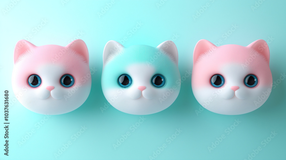 3D pastel-colored kawaii cat heads with large eyes, arranged in a row against a soft mint background. Cute and playful design concept. 3D pastel-colored kawaii cat heads with large eyes, arranged in a row against a soft mint background. Cute and playful design concept.