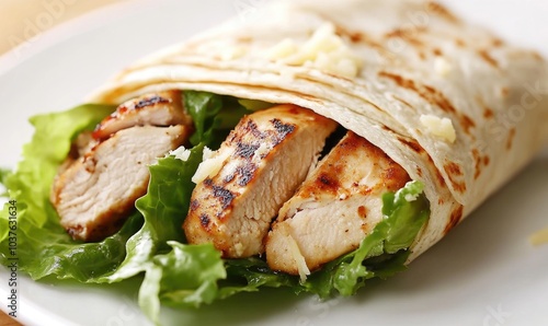 A wrap of chicken and lettuce is on a white plate