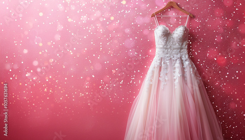 Elegant Wedding Dress Displayed on Pink Glitter Background photo