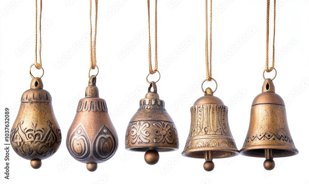 Obraz premium A row of five golden bells hanging from a string
