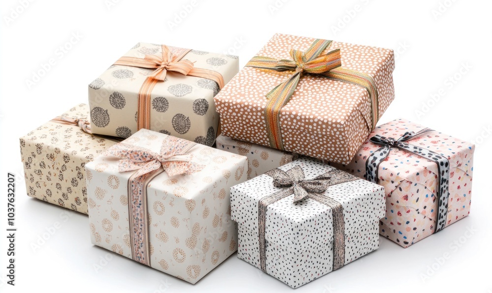 A stack of colorful boxes with bows on them A stack of colorful boxes with bows on them