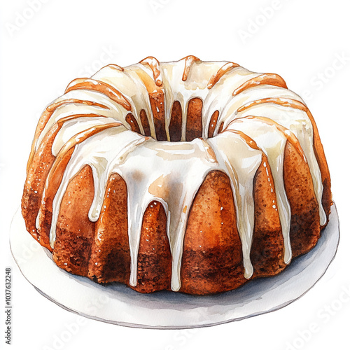 Colorful Watercolor Painting of a Bundt Cake with Icing Drizzle