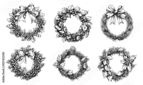 A set of six wreaths with bows are drawn in black and white