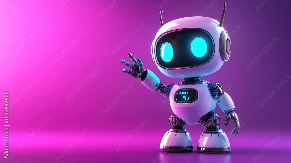 Adorable 3D robot raising a hand Charming cartoon bot 3D render Virtual assistant concept Playful robotic toy on a vibrant purple backdrop Realistic robot design Adorable 3D robot raising a hand Charming cartoon bot 3D render Virtual assistant concept Playful robotic toy on a vibrant purple backdrop Realistic robot design