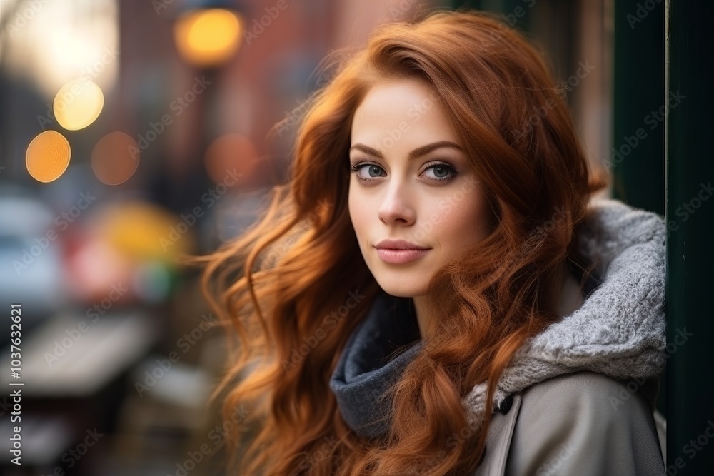Portrait of beautiful young redhead woman in the city at night Portrait of beautiful young redhead woman in the city at night