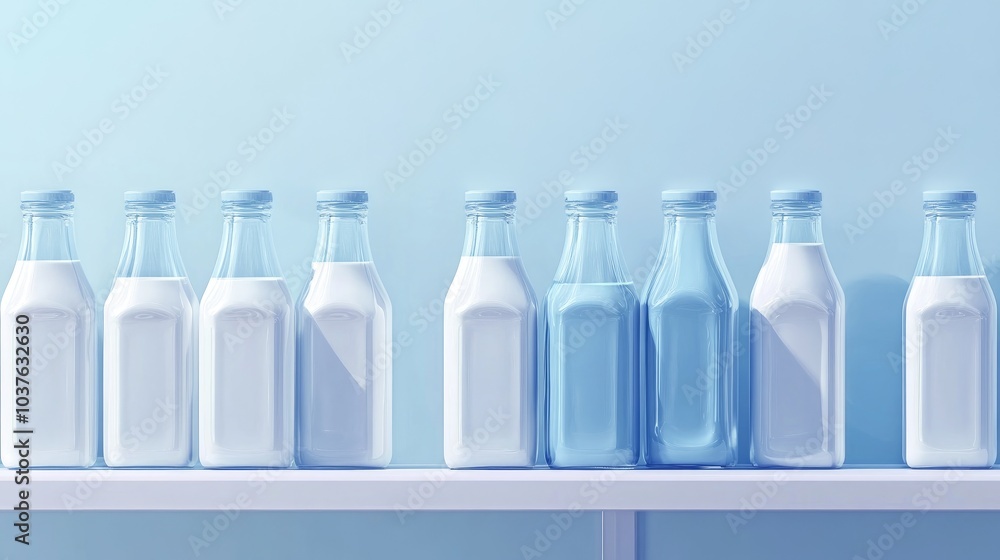 Row of glass milk bottles alongside dairy products on shelves featuring a minimalist pastel blue color scheme Ideal for use in web pages presentations or as picture frame backgrounds Row of glass milk bottles alongside dairy products on shelves featuring a minimalist pastel blue color scheme Ideal for use in web pages presentations or as picture frame backgrounds