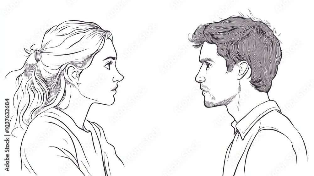 Line art illustration depicting a couple in a disagreement Line art illustration depicting a couple in a disagreement