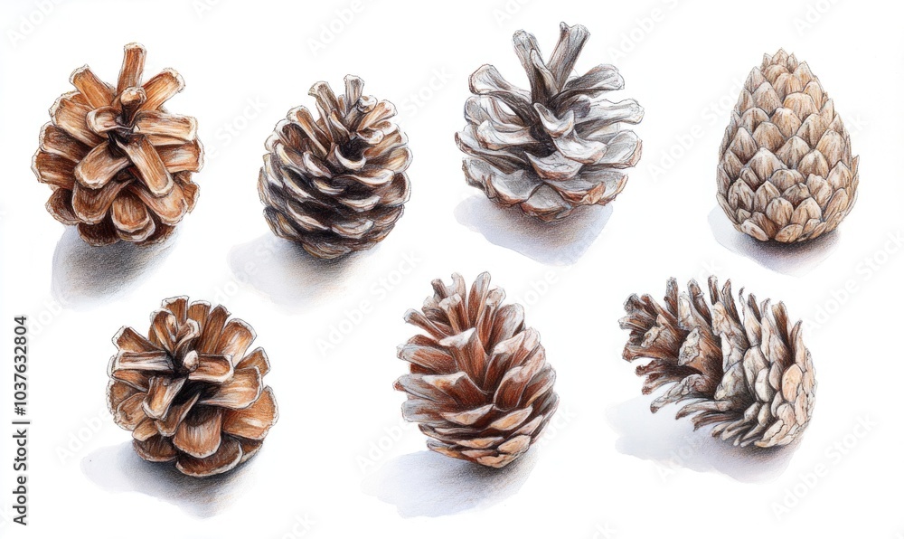 A close up of six pine cones, all different sizes and shapes A close up of six pine cones, all different sizes and shapes