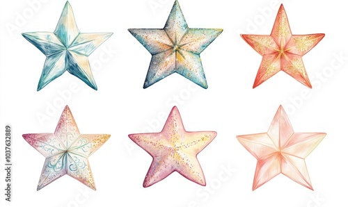 A set of six stars with different colors and sizes