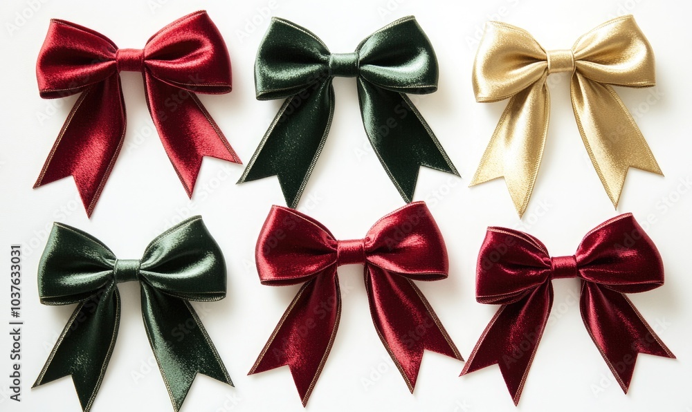 A row of bows in different colors, including red, green, and gold A row of bows in different colors, including red, green, and gold